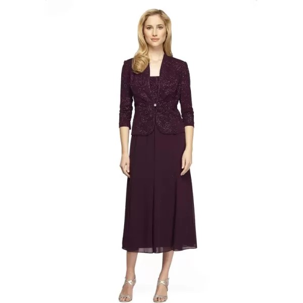 Alex Evenings Womens Tea Length Jacket Dress Perfect for Weddings Formal Events Petite and Regular SizesEggplant Sparkle