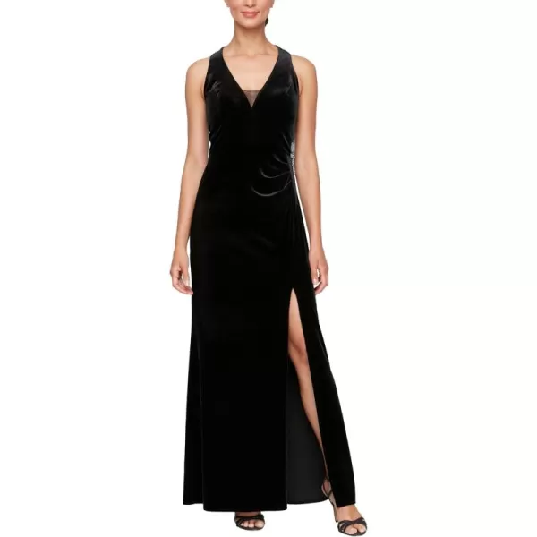 Long Velvet Halter Neck Mother of The Bride Gown with Beaded Hip and Front Slit Wedding Guest Party DressBlack Velvet