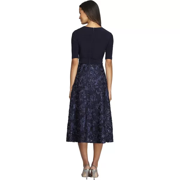 Alex Evenings Womens Tea Length Dress with Rosette DetailNavy Tie Front