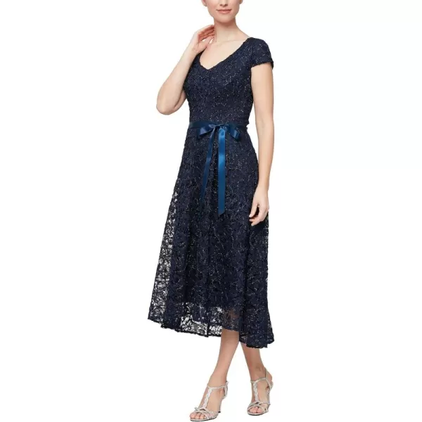 Alex Evenings Womens Aline Stretch Embroidered Dress with Tie BeltNavy Cap Sleeve