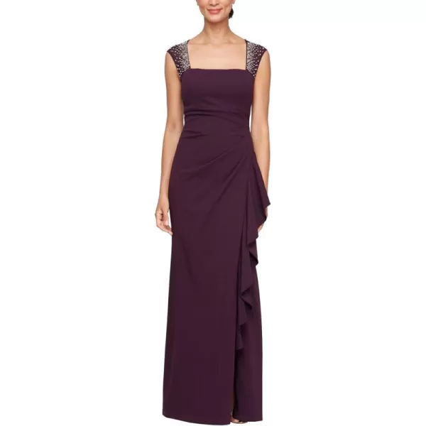 Alex Evenings Womens Long Cascade Ruffle Sleeveless Gown with Leg Slit Mother of The Bride Party DressAubergine