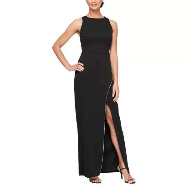 Alex Evenings Womens Long Cascade Ruffle Sleeveless Gown with Leg Slit Mother of The Bride Party DressBlack Rhinestone