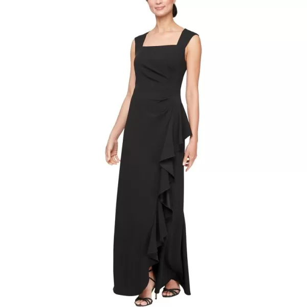 Alex Evenings Womens Long Cascade Ruffle Sleeveless Gown with Leg Slit Mother of The Bride Party DressBlack Square Neck