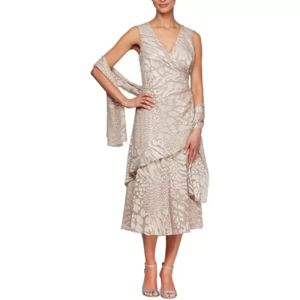 Alex Evenings Womens Sleeveless Printed Chiffon Dress with ShawlChampagne