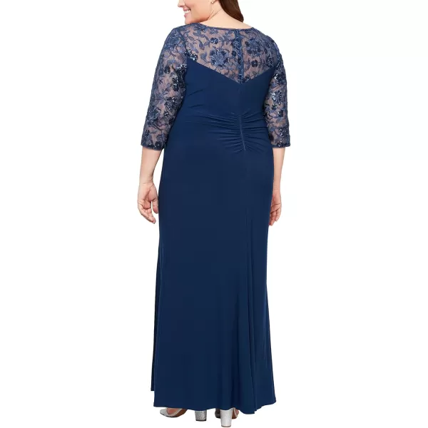 Alex Evenings Womens Plus Size Long Sleeve Sweetheart Neckline DressNavy Embroidery