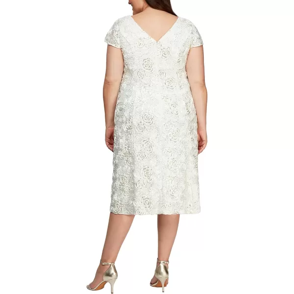 Alex Evenings Womens Plus Size Tea Length Dress with Rosette DetailIvoryGold