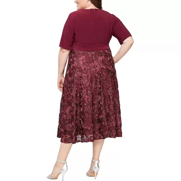 Alex Evenings Womens Plus Size Tea Length Dress with Rosette DetailMerlot