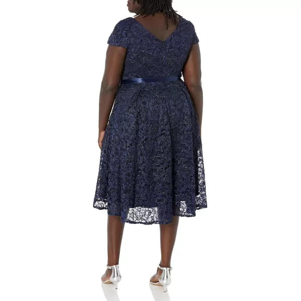 Alex Evenings Womens Plus Size Tea Length Dress with Rosette DetailNavy Cap Sleeve