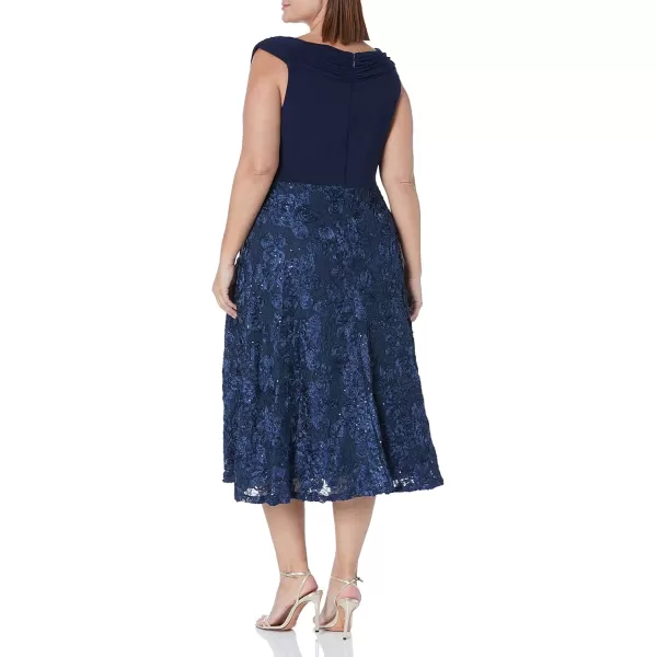 Alex Evenings Womens Plus Size Tea Length Dress with Rosette DetailNavy Sleeveless