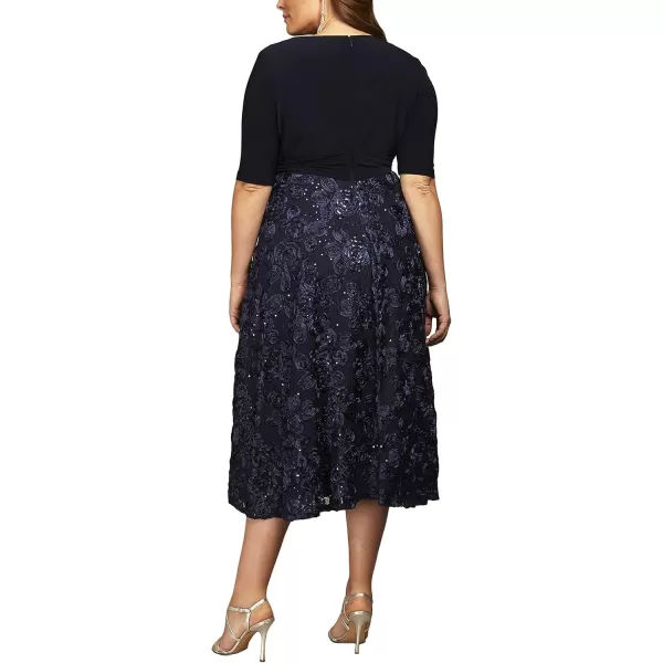 Alex Evenings Womens Plus Size Tea Length Dress with Rosette DetailNavy Tie Front