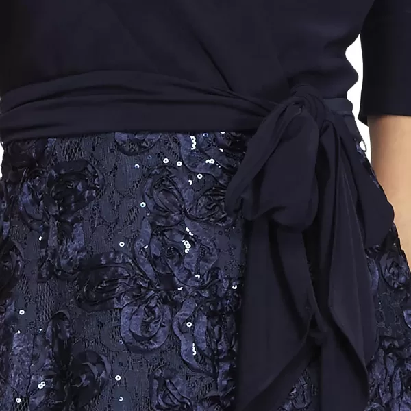 Alex Evenings Womens Plus Size Tea Length Dress with Rosette DetailNavy Tie Front
