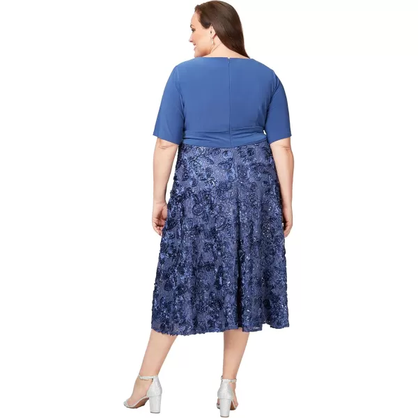 Alex Evenings Womens Plus Size Tea Length Dress with Rosette DetailViolet