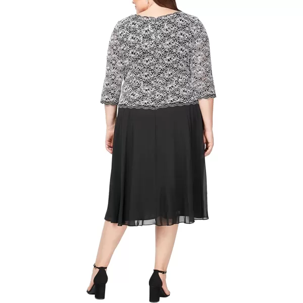 Alex Evenings Womens Plus Size Tea Length Lace Mock DressBlack and White