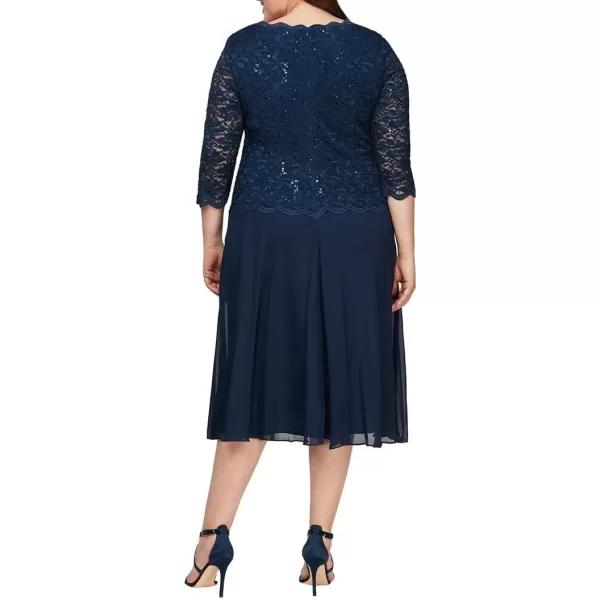 Alex Evenings Womens Plus Size Tea Length Lace Mock DressNavy