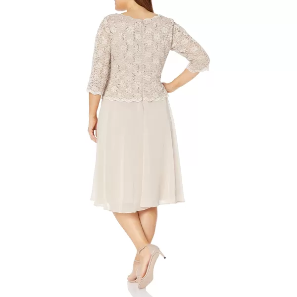 Alex Evenings Womens Plus Size Tea Length Lace Mock DressTaupe Sequin