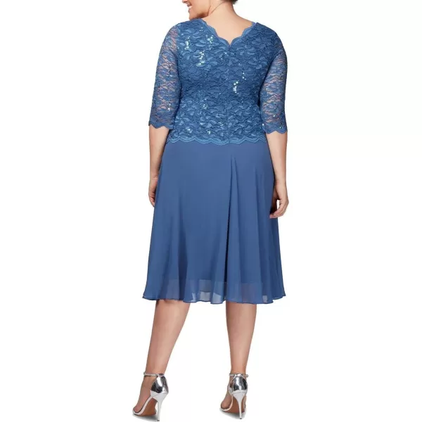 Alex Evenings Womens Plus Size Tea Length Lace Mock DressWedgewood