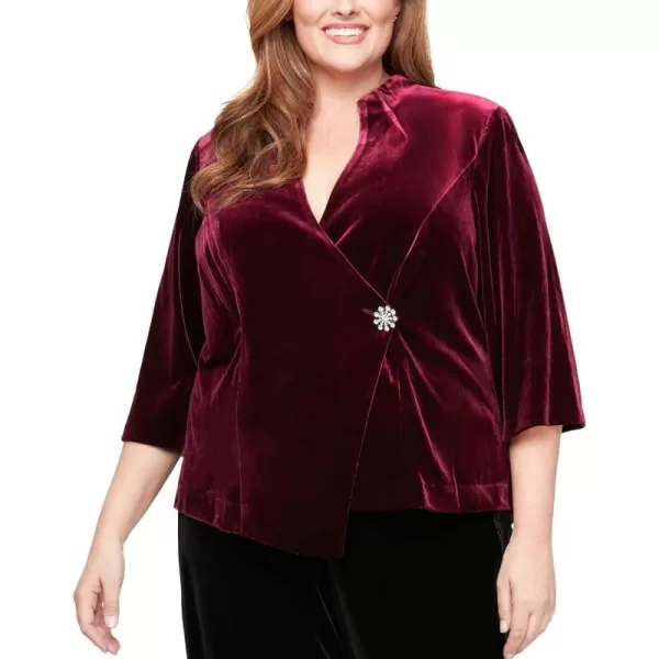 Alex Evenings Plus Size Velvet Asymmetric Pointed Hem Blouse with 34 Sleeves ampamp Embellished Closure Formal Event PartyWine Velvet