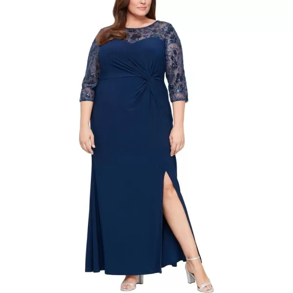Alex Evenings Womens Plus Size Long Sleeve Sweetheart Neckline DressNavy Embroidery