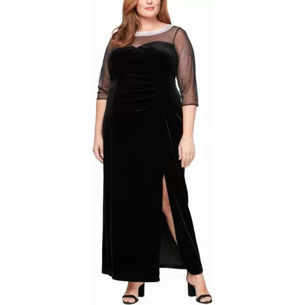 imageAlex Evenings Womens Plus Size Long Velvet Shift Mother of The Bride Dress with 34 Illusion Sleeves and Side RuchingBlack Velvet