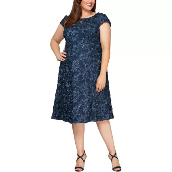 Alex Evenings Womens Plus Size Tea Length Dress with Rosette DetailNavy Aline