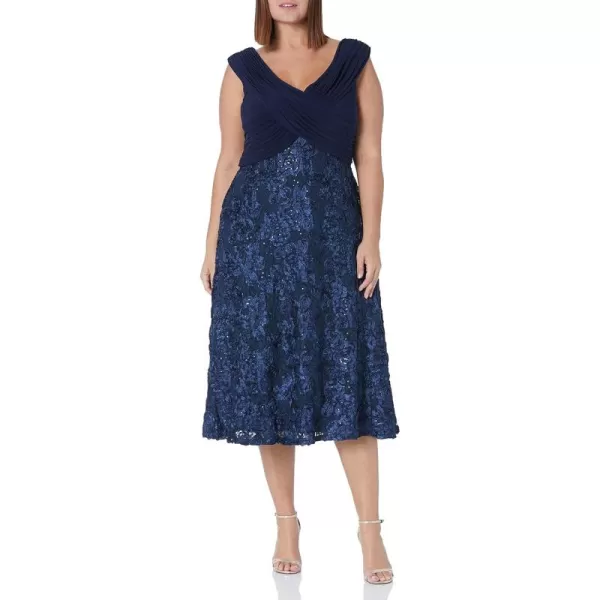 Alex Evenings Womens Plus Size Tea Length Dress with Rosette DetailNavy Sleeveless