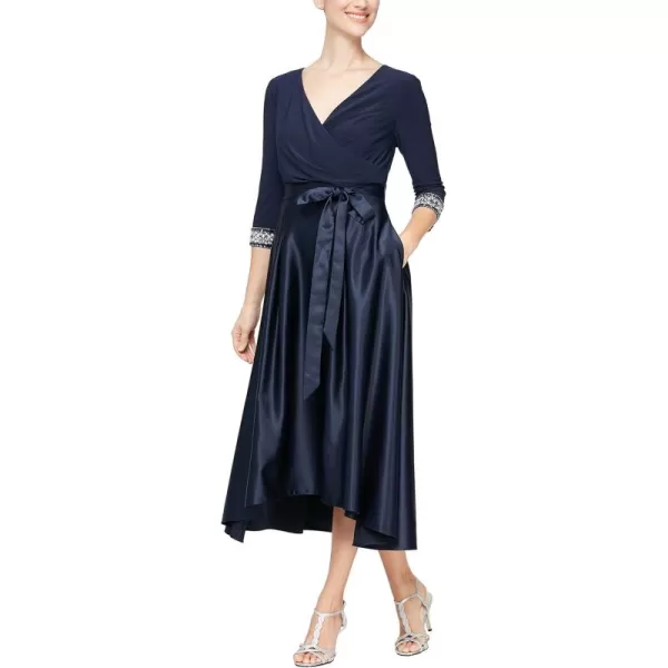 Alex Evenings Womens Satin Ballgown Dress with Pockets Petite and Regular SizesNavy Beaded