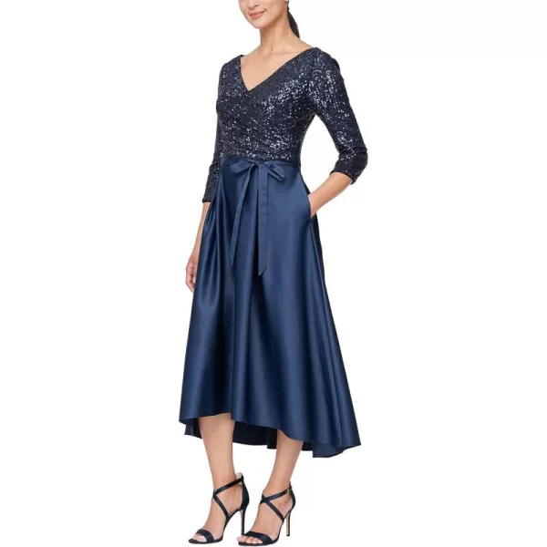 Alex Evenings Womens Satin Ballgown Dress with Pockets Petite and Regular SizesNavy Hi Low