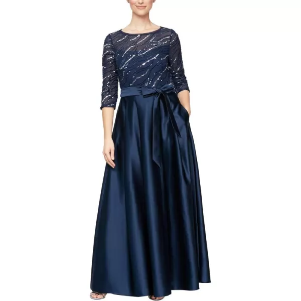 Alex Evenings Womens Satin Ballgown Dress with Pockets Petite and Regular SizesNavy Silver