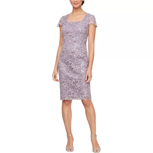 Alex Evenings Womens Short Sleeve Embroidered Cocktail Dress with Square NecklineWisteria