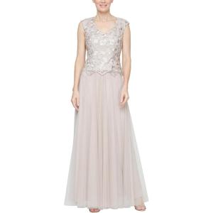 imageAlex Evenings Womens Long VNeck Embroidered Mother of The Bride Dress WCap Sleeves Full Skirt Petite and Regular SizesTaupe