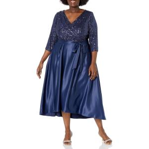 imageAlex Evenings Womens Plus Size Satin Ballgown Dress with SleeveNavy