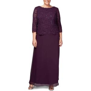 imageAlex Evenings Womens PlusSize Mock Dress with SequinLace BodiceDeep Plum