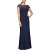 imageAlex Evenings Womens Long Shift Dress with Illusion Neckline Petite and Regular SizesNavy Embroidery