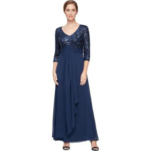 imageAlex Evenings Womens Long Lace Top Empire Waist Dress Navy Sequin 4
