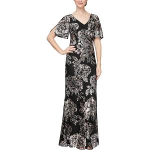 imageAlex Evenings Womens Long Mother of The Bride Sequin Dress with Cold Shoulder Flutter Sleeves Petite and Regular SizesBlack Copper Silver