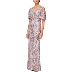 imageAlex Evenings Womens Long Mother of The Bride Sequin Dress with Cold Shoulder Flutter Sleeves Petite and Regular SizesBlush