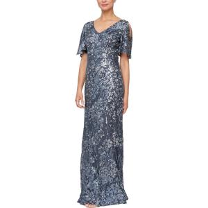 imageAlex Evenings Womens Long Mother of The Bride Sequin Dress with Cold Shoulder Flutter Sleeves Petite and Regular SizesCharcoal