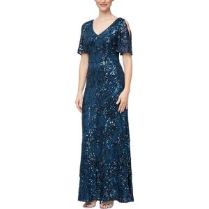 imageAlex Evenings Womens Long Mother of The Bride Sequin Dress with Cold Shoulder Flutter Sleeves Petite and Regular SizesDeep Ocean Blue