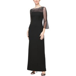 imageAlex Evenings Womens Long Shift Dress with Illusion Neckline Petite and Regular SizesBlack and Silver