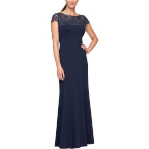imageAlex Evenings Womens Long Shift Dress with Illusion Neckline Petite and Regular SizesNavy Embroidery