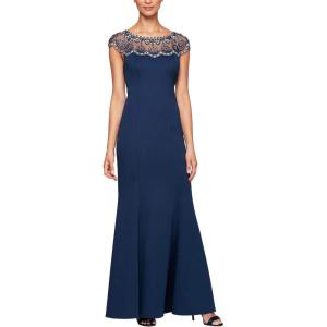 imageAlex Evenings Womens Long Shift Dress with Illusion Neckline Petite and Regular SizesNavy Scallop