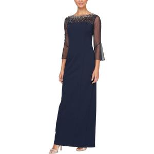 imageAlex Evenings Womens Long Shift Dress with Illusion Neckline Petite and Regular SizesNavy and Silver