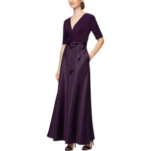 imageAlex Evenings Womens Satin Ballgown Formal Event Dress with Pockets and Tie Belt Petite and Regular SizesEggplant