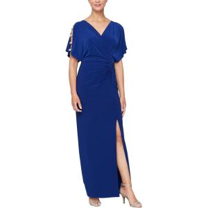 imageAlex Evenings Womens Long VNeck Knot Front Wedding Guest Dress with Cold Shoulder Sleeves Petite and Regular SizesDark Royal