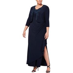 imageAlex Evenings Womens PlusSize Lace Bolero Jacket Dress with Side Ruched SkirtNavy