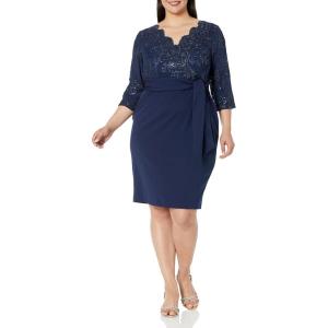 imageAlex Evenings Womens PlusSize Midi Length VNeck Shift Dress with SleevesNavy Tonal