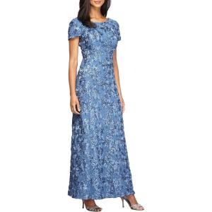 imageAlex Evenings Womens Long Rosette Mother of The Bride Dress with Short Sleeves Wedding Guest Petite and Regular SizesBrushed Periwinkle