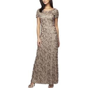 imageAlex Evenings Womens Long Rosette Mother of The Bride Dress with Short Sleeves Wedding Guest Petite and Regular SizesChampagne
