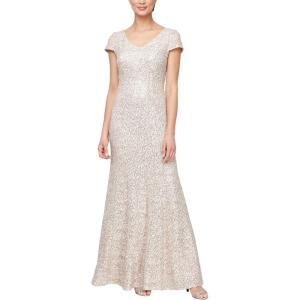 imageAlex Evenings Womens Long Rosette Mother of The Bride Dress with Short Sleeves Wedding Guest Petite and Regular SizesChampagneIvory  Corded Lace