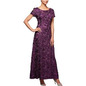 imageAlex Evenings Womens Long Rosette Mother of The Bride Dress with Short Sleeves Wedding Guest Petite and Regular SizesEggplant